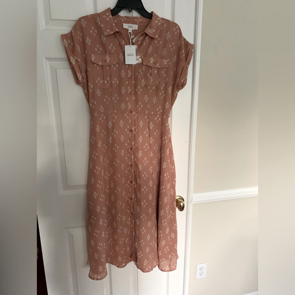 NWT🍀 Lucky Brand Midi Shirt-Dress: Pinky Beige, White Print, Front Pockets M